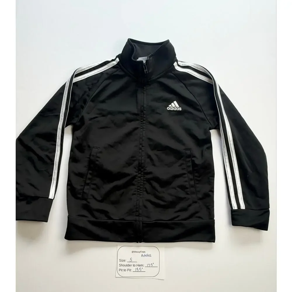 Adidas Boys Black Track Jacket Size 5 3-Stripe Full Zip
